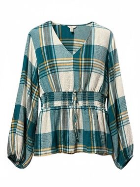 Cato Plaid Peplum Blouse Teal Mustard Smocked Waist NWT – 14/16W